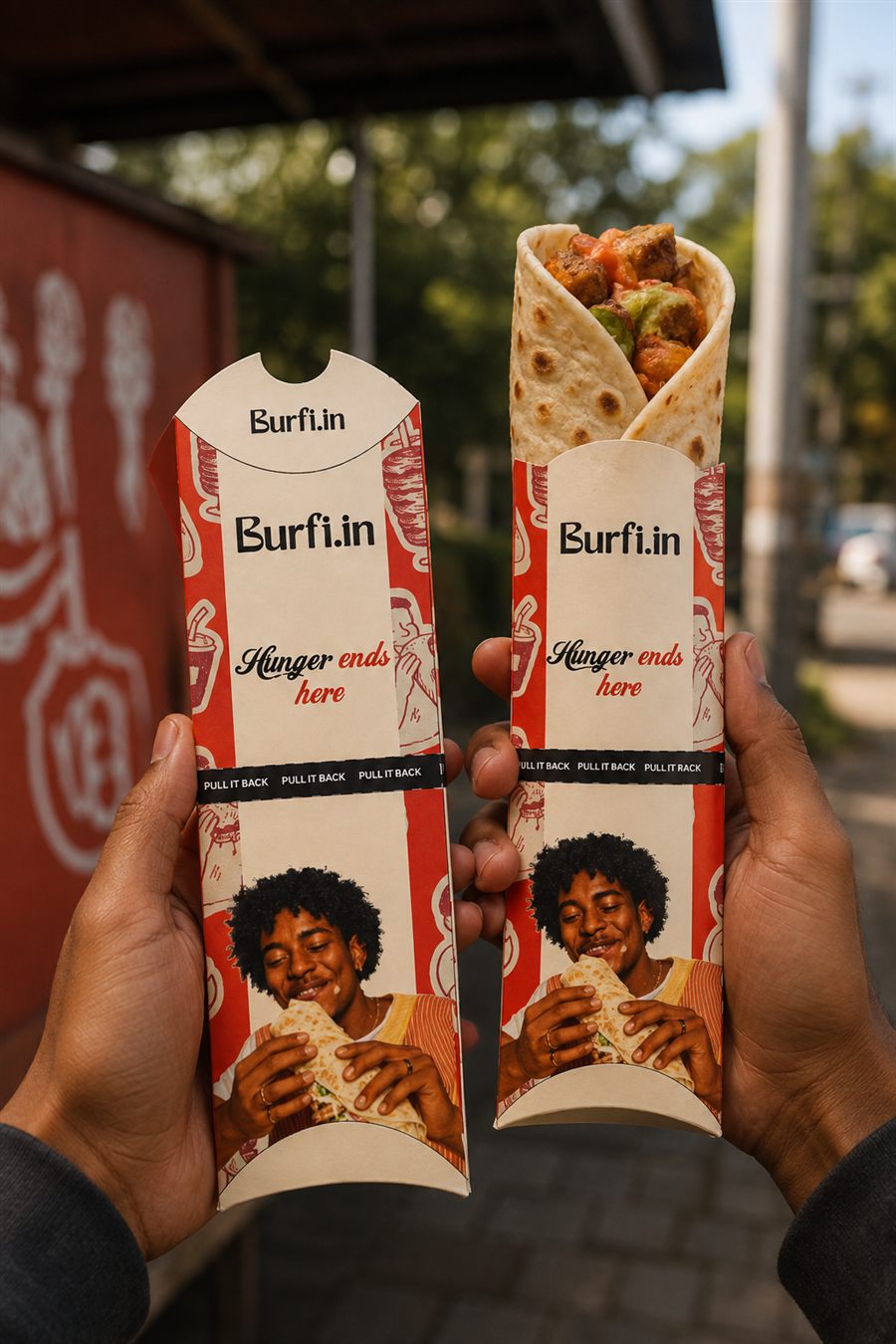 Burfi.in shawarma wrap in hand — cream colourway