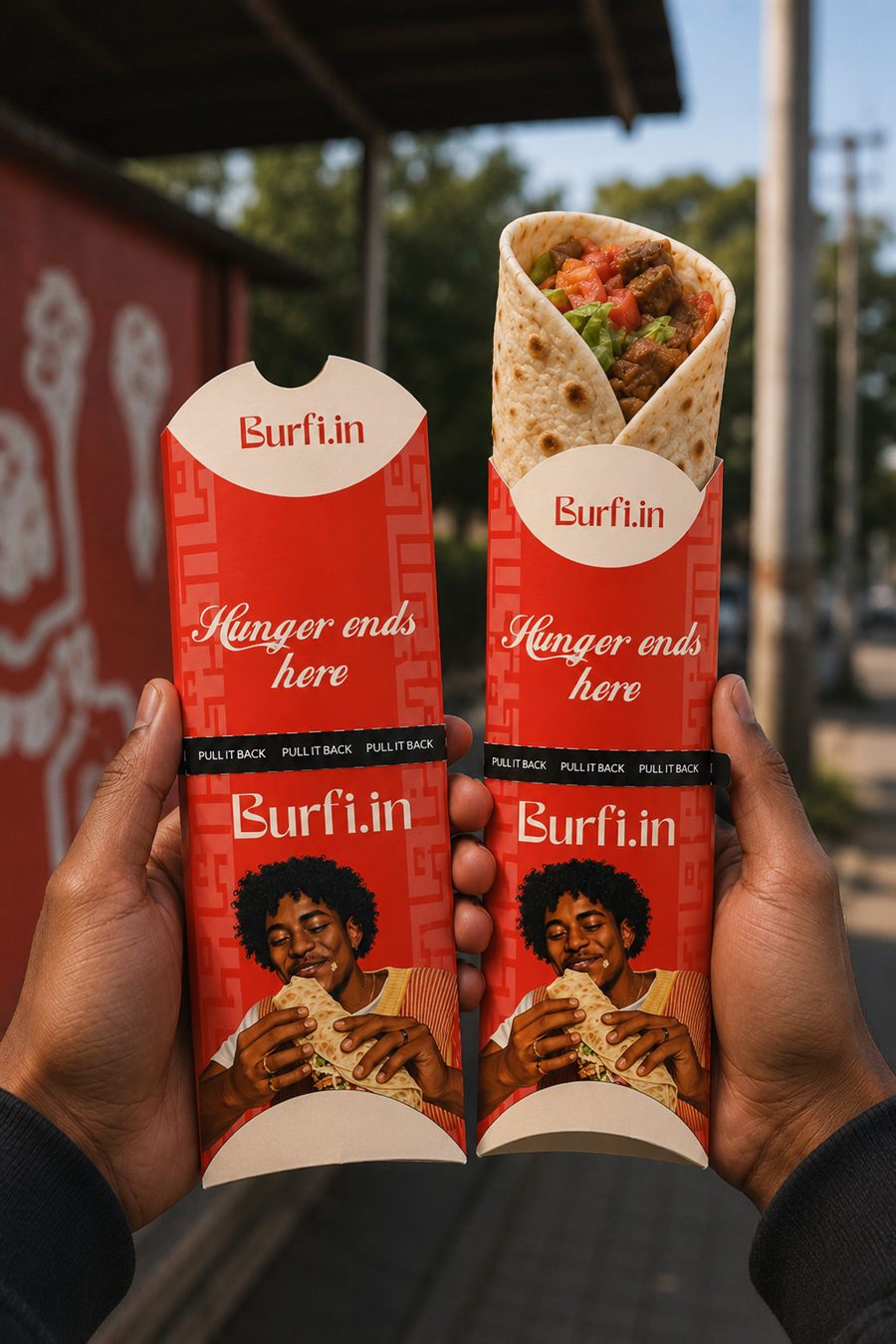 Burfi.in shawarma wrap in hand — red colourway
