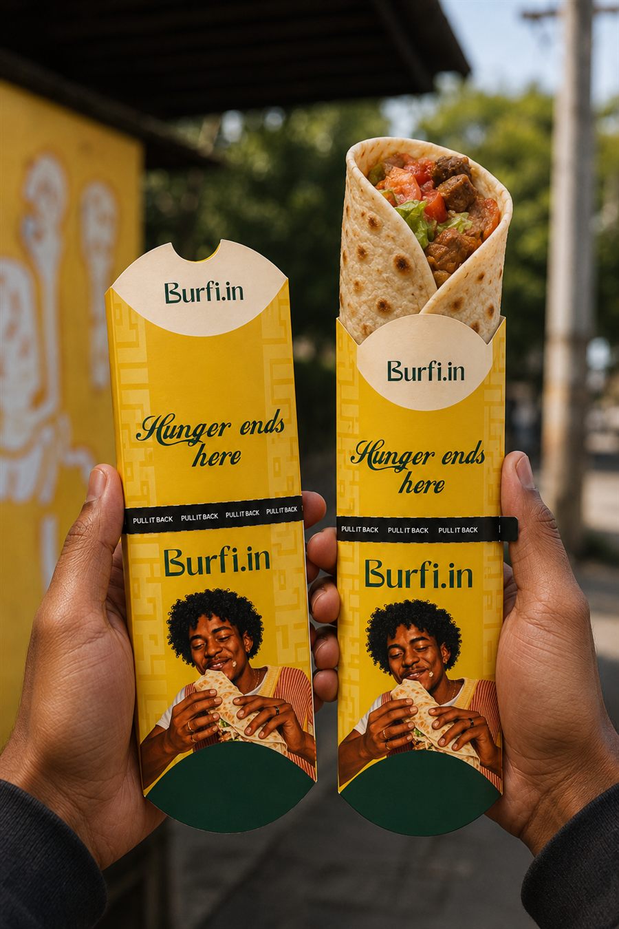 Burfi.in shawarma wrap in hand — yellow colourway
