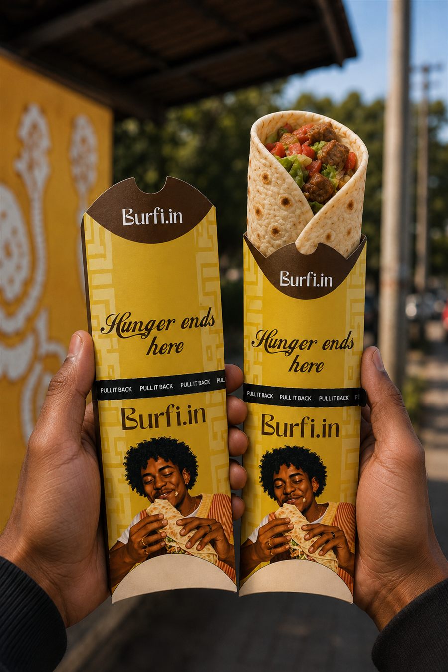 Burfi.in shawarma wrap in hand — olive colourway