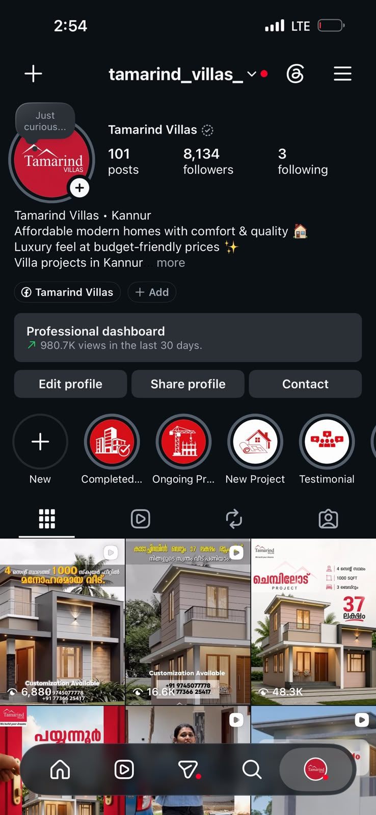 Tamarind Villas Instagram professional dashboard showing 980.7K views in the last 30 days, 8,134 followers