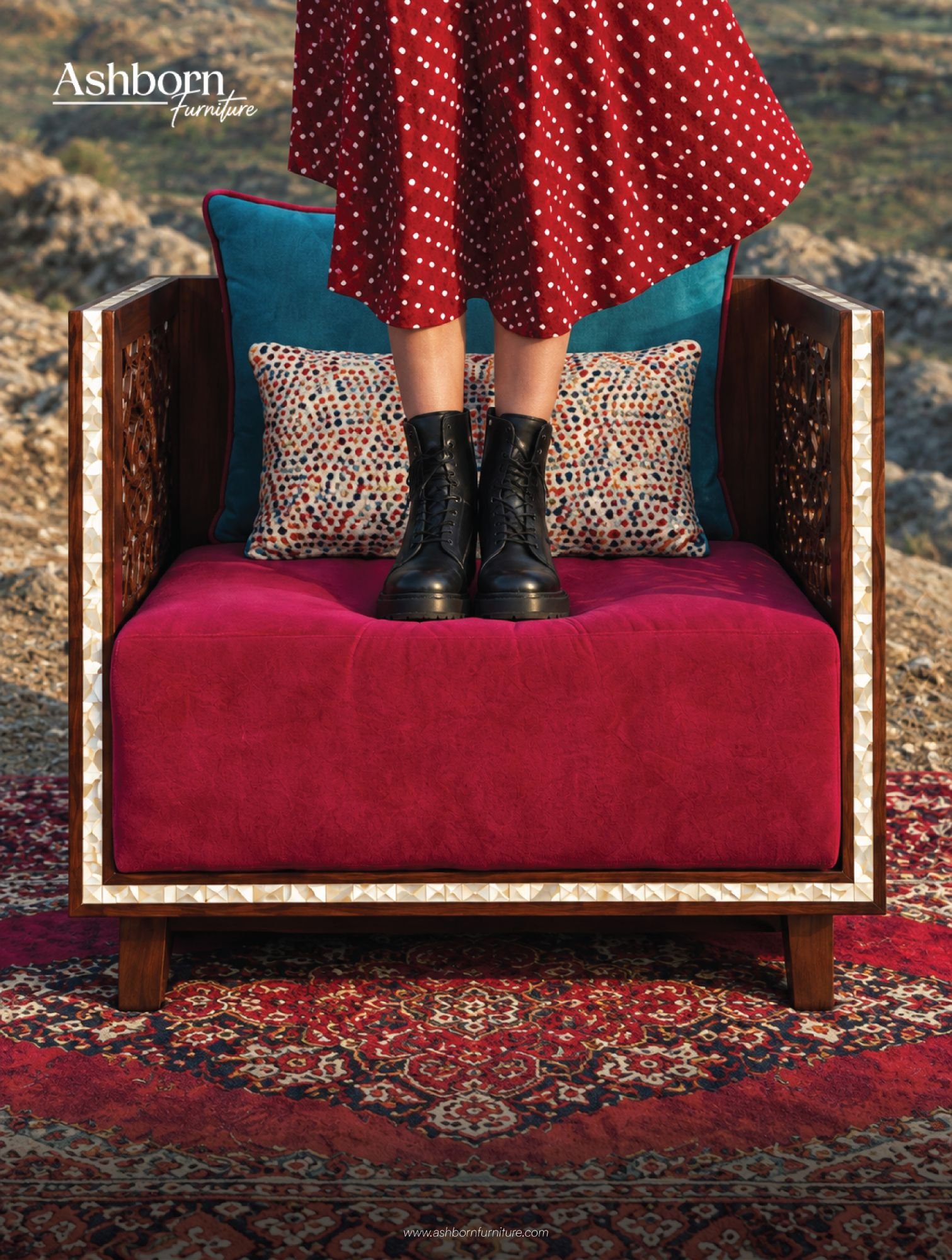 Ashborn Furniture mother-of-pearl inlay armchair campaign creative