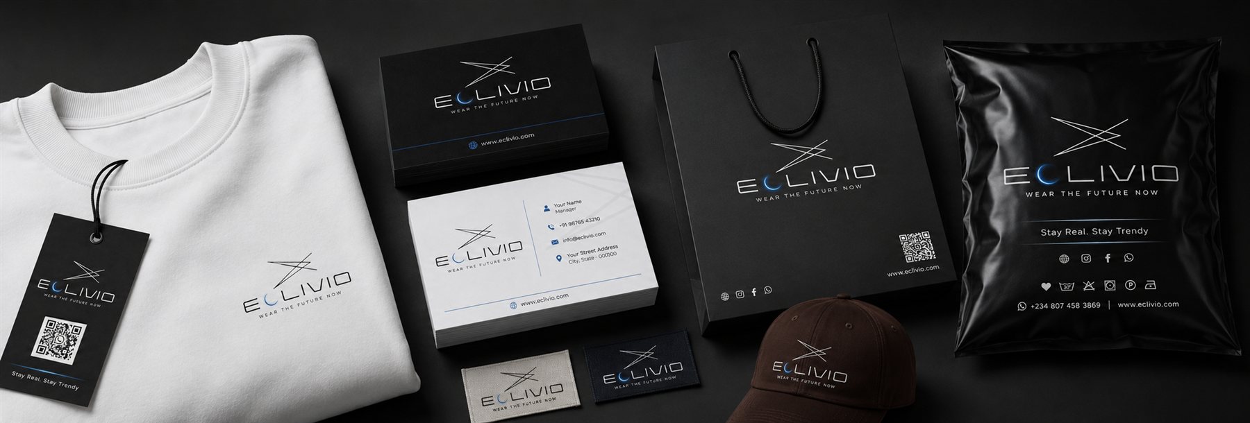 Eclivio branding collateral — apparel, packaging and stationery