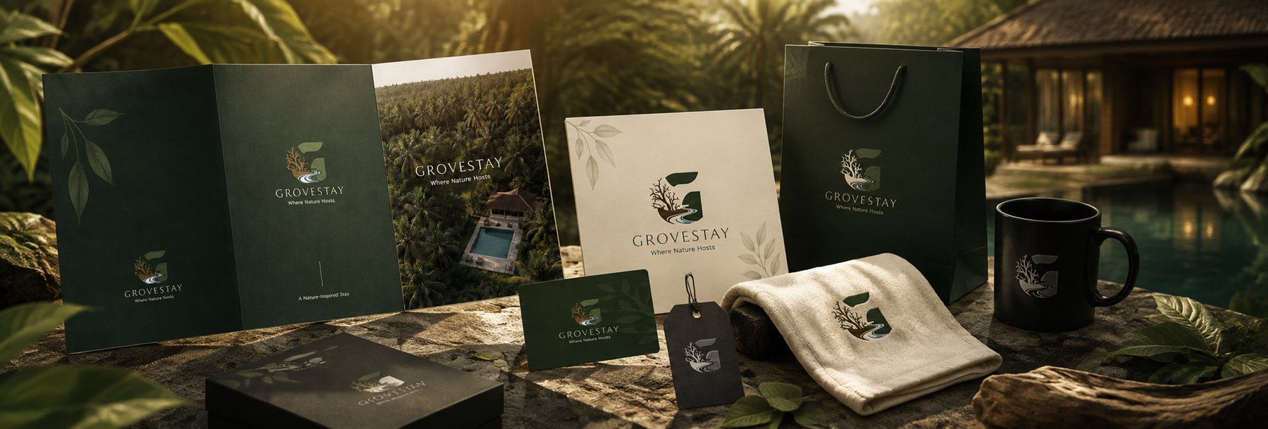 Grove Stay branding collateral — brochure, bag, key card and merch