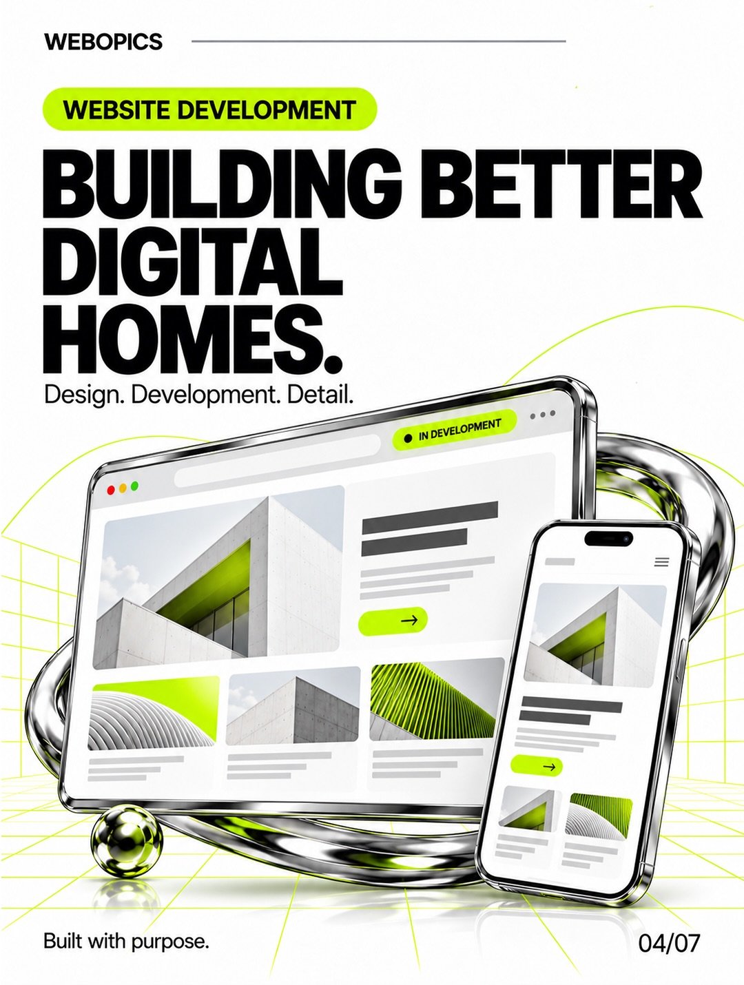 Website development in progress at Webopics: desktop and mobile mockups of a client site under construction